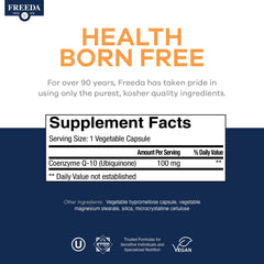 Freeda CoQ10 bottle shown during heart health routine.
