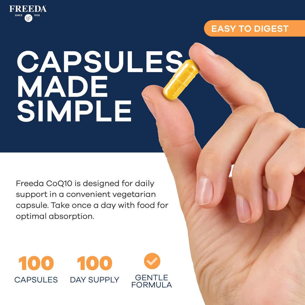 Freeda CoQ10 bottle displays kosher certification label.