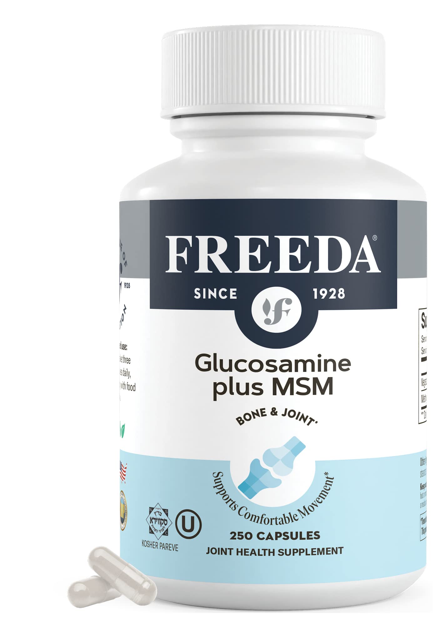 FREEDA Glucosamine MSM bottle front highlighting vegan joint support for active movement.