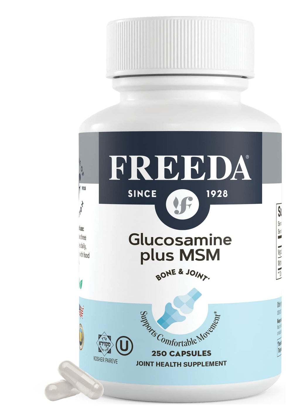 FREEDA Glucosamine MSM bottle front highlighting vegan joint support for active movement.