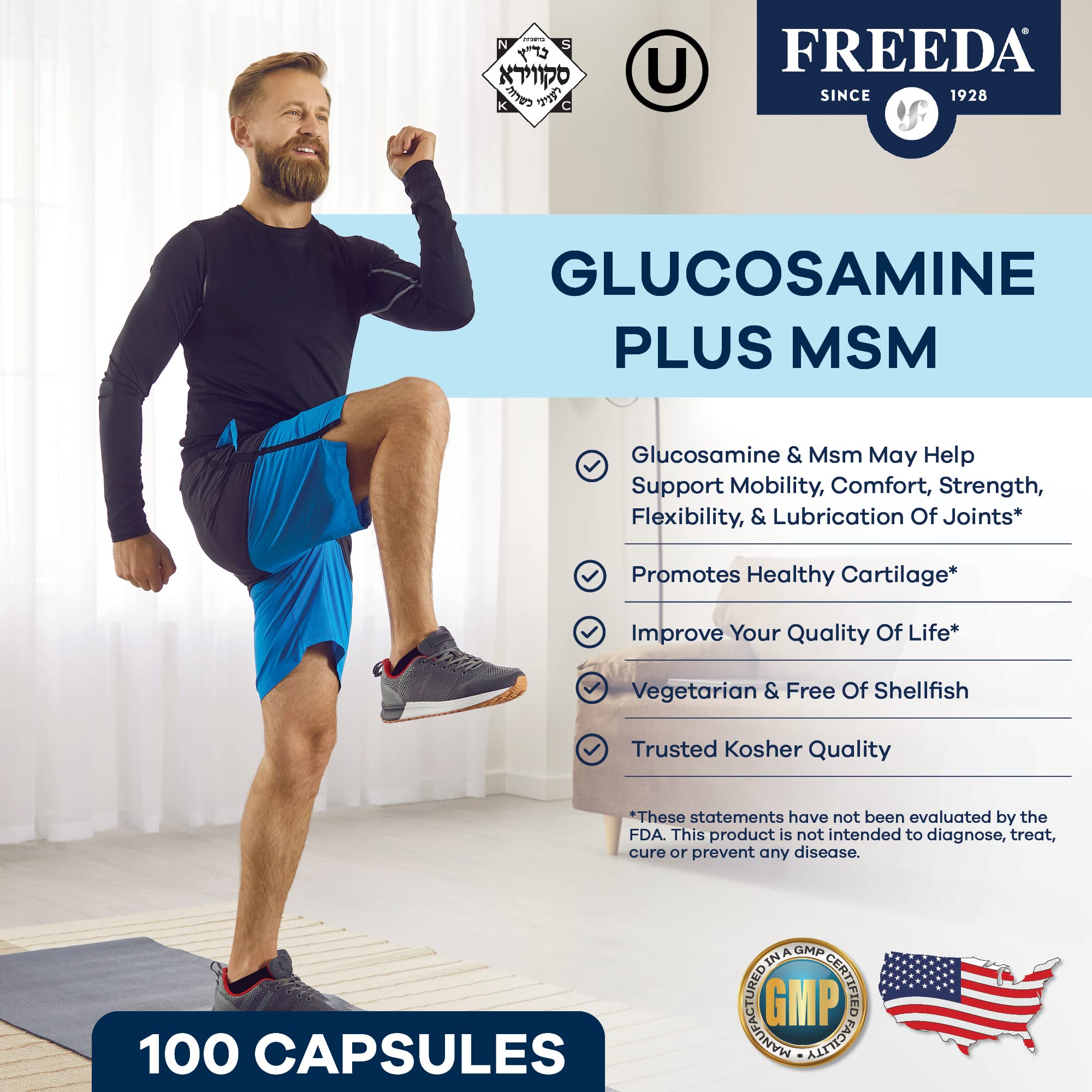 FREEDA Glucosamine MSM capsules closeup highlighting vegan formula for mobility.