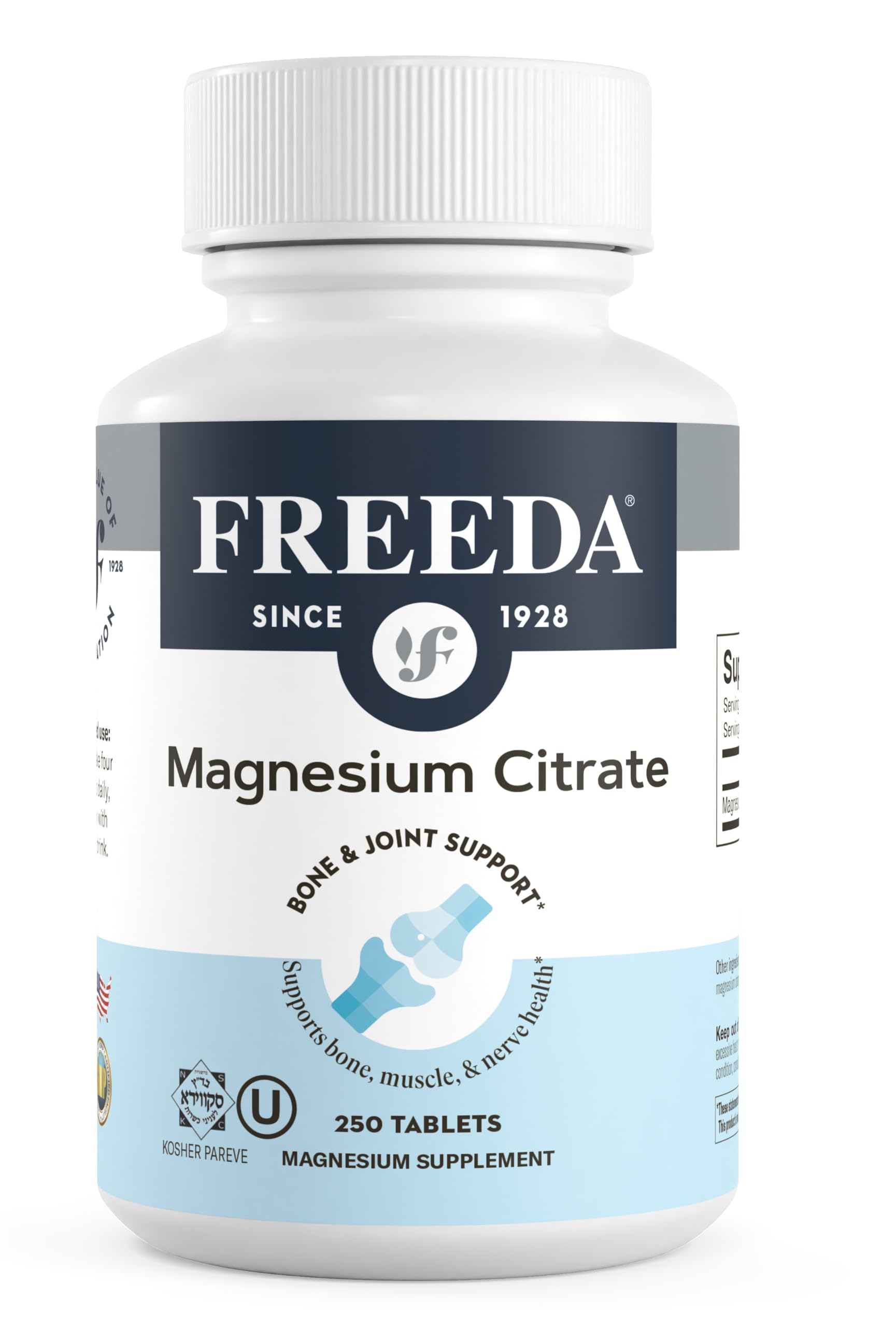 Freeda magnesium citrate bottle label highlighting 400 mg per serving for daily support.