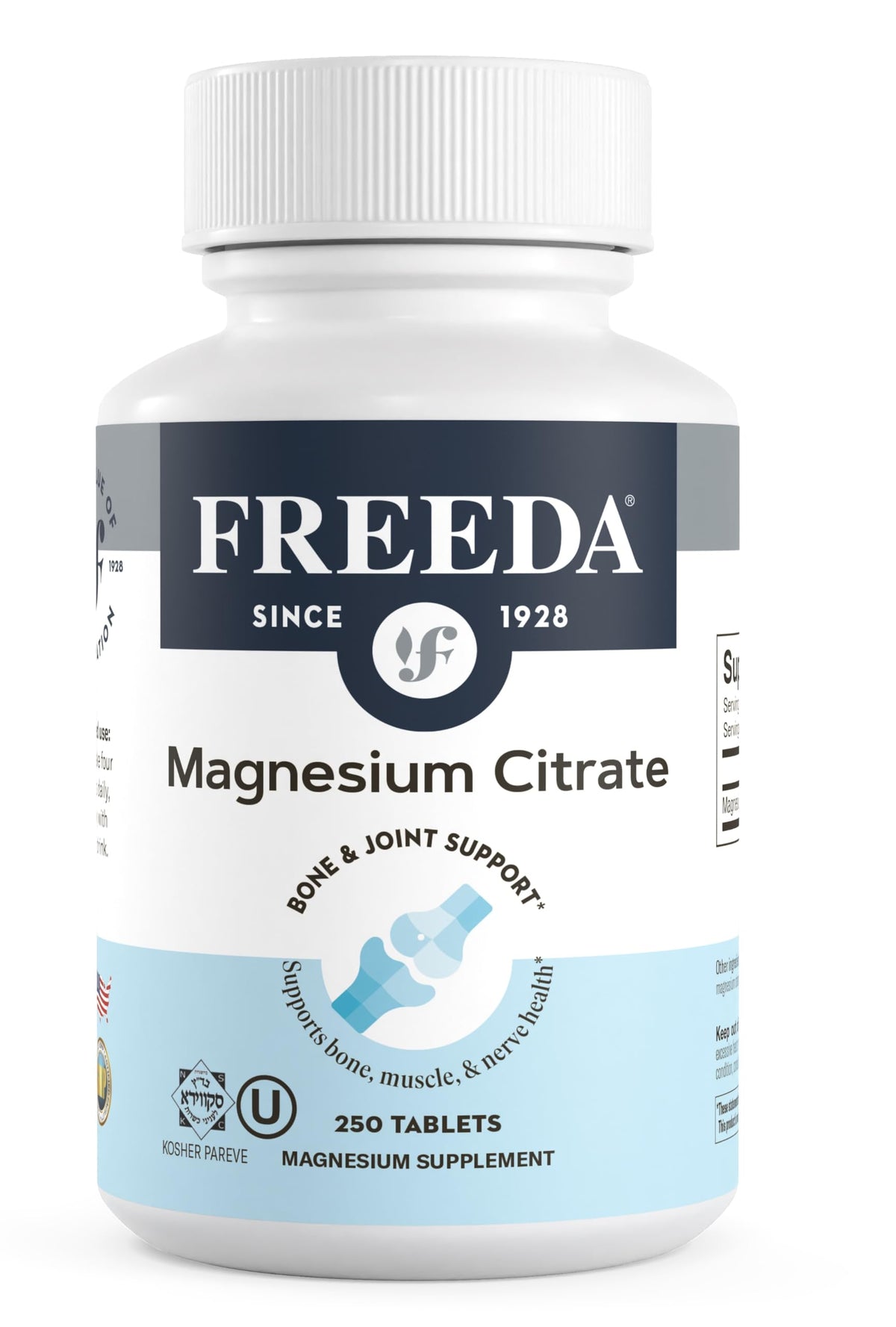 Freeda magnesium citrate bottle label highlighting 400 mg per serving for daily support.