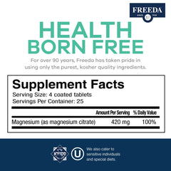 Freeda magnesium citrate bottle on a clean kitchen counter for daily use.