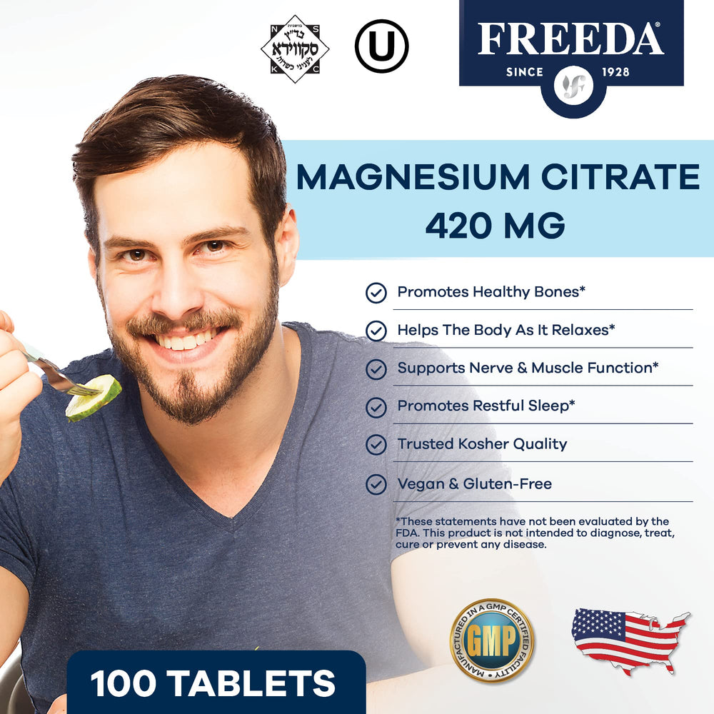 Close-up of Freeda magnesium citrate tablets designed for easy swallowing.
