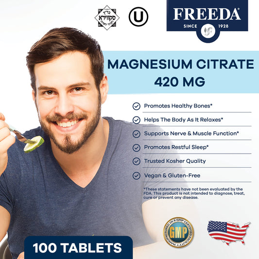 Close-up of Freeda magnesium citrate tablets designed for easy swallowing.
