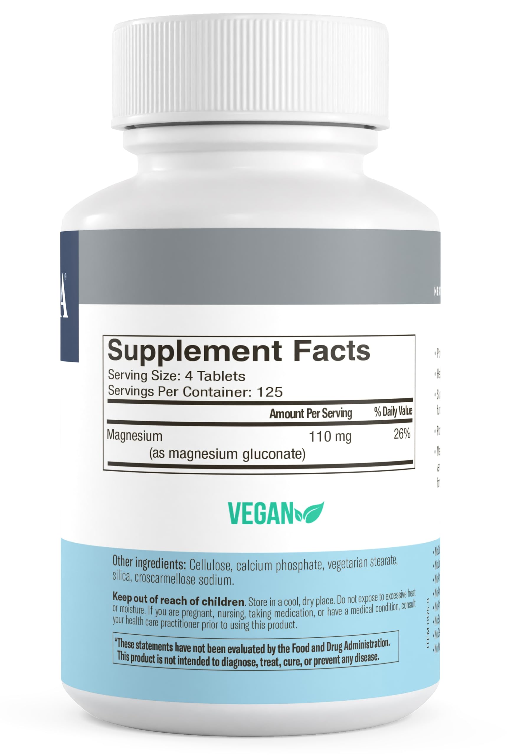 Freeda Magnesium Gluconate bottle label close-up showing elemental magnesium per serving