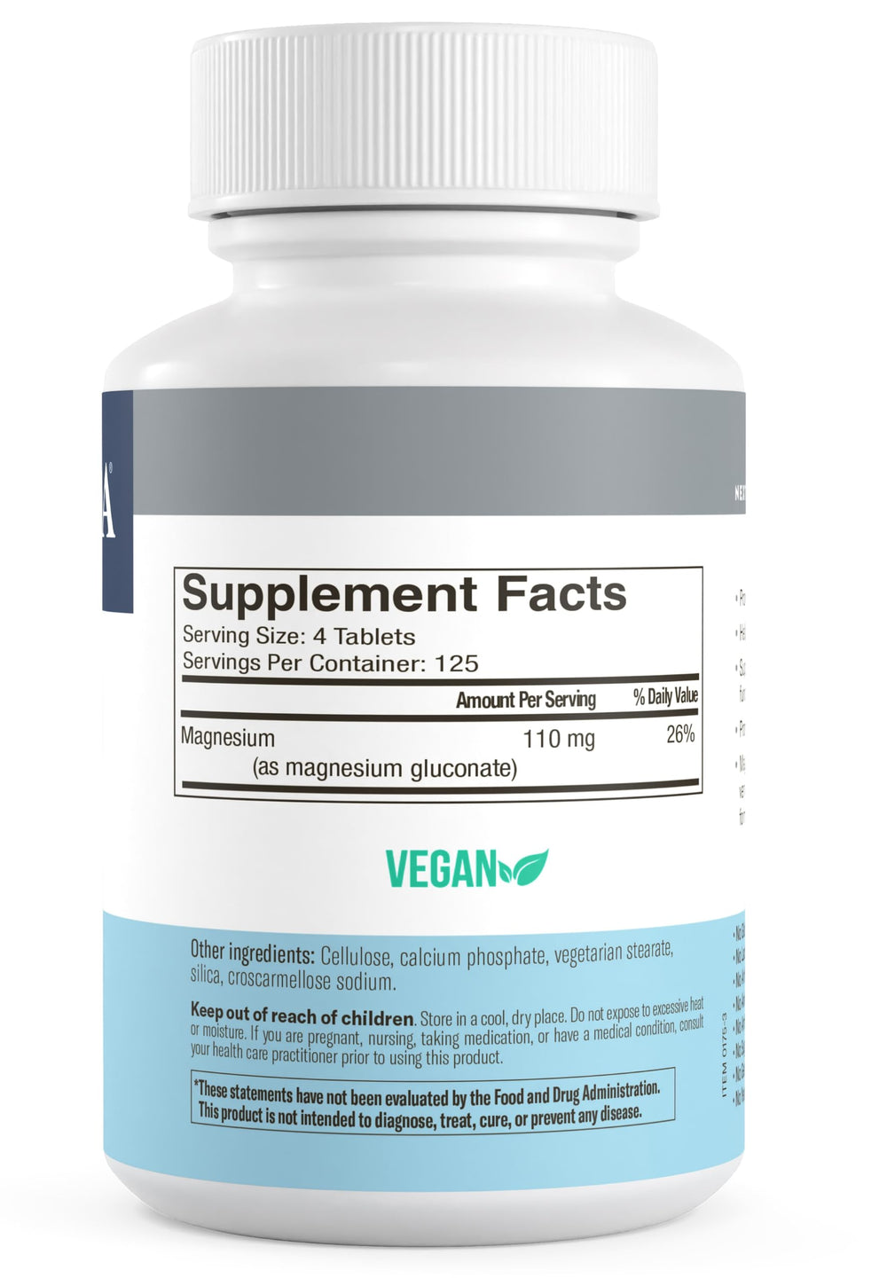 Freeda Magnesium Gluconate bottle label close-up showing elemental magnesium per serving