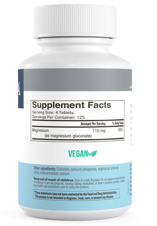 Freeda Magnesium Gluconate bottle label close-up showing elemental magnesium per serving