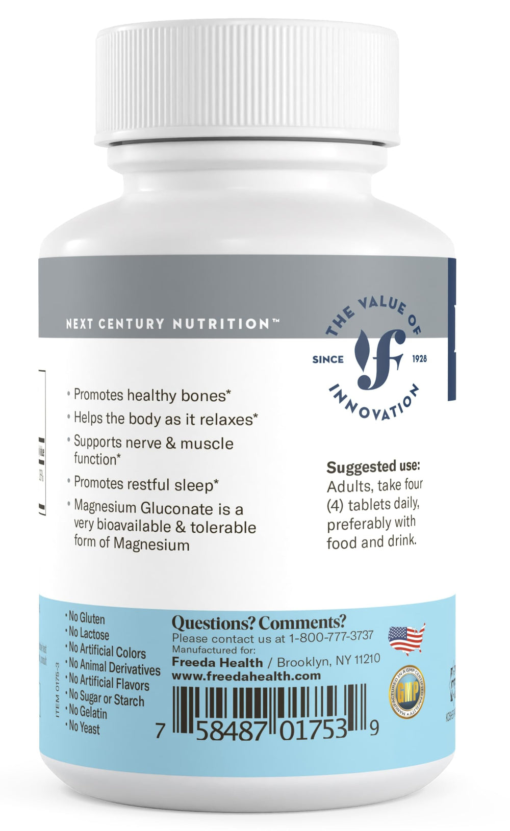 Freeda Magnesium Gluconate capsules close-up highlighting tablet texture