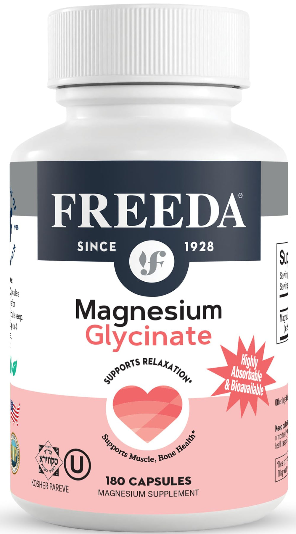 Freeda Magnesium Glycinate bottle pour demonstrating easy evening use for relaxation.