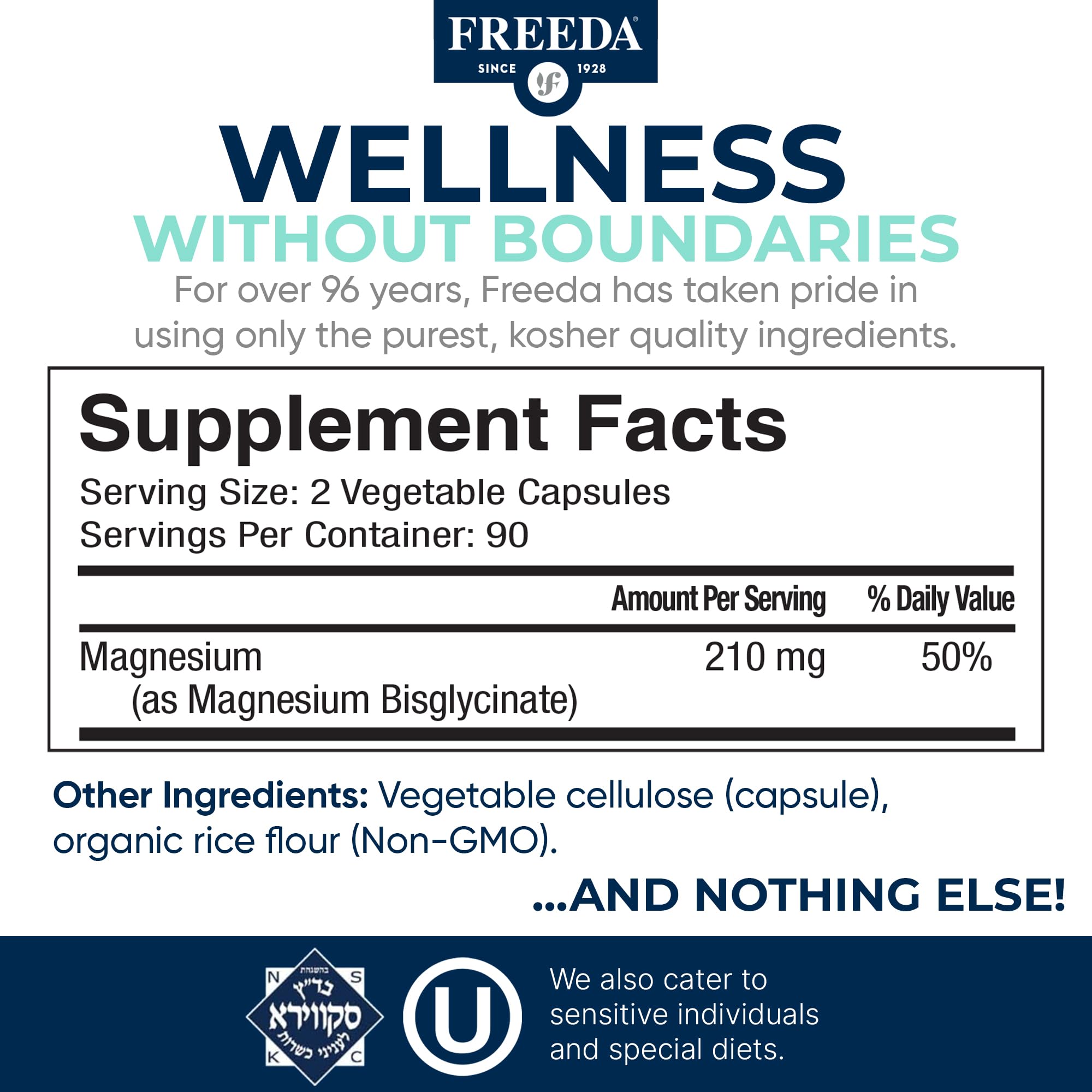 Freeda Magnesium Glycinate packaging scene emphasizes vegan and Non-GMO integrity.