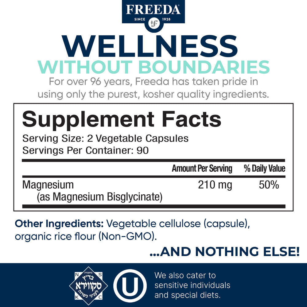 Freeda Magnesium Glycinate packaging scene emphasizes vegan and Non-GMO integrity.