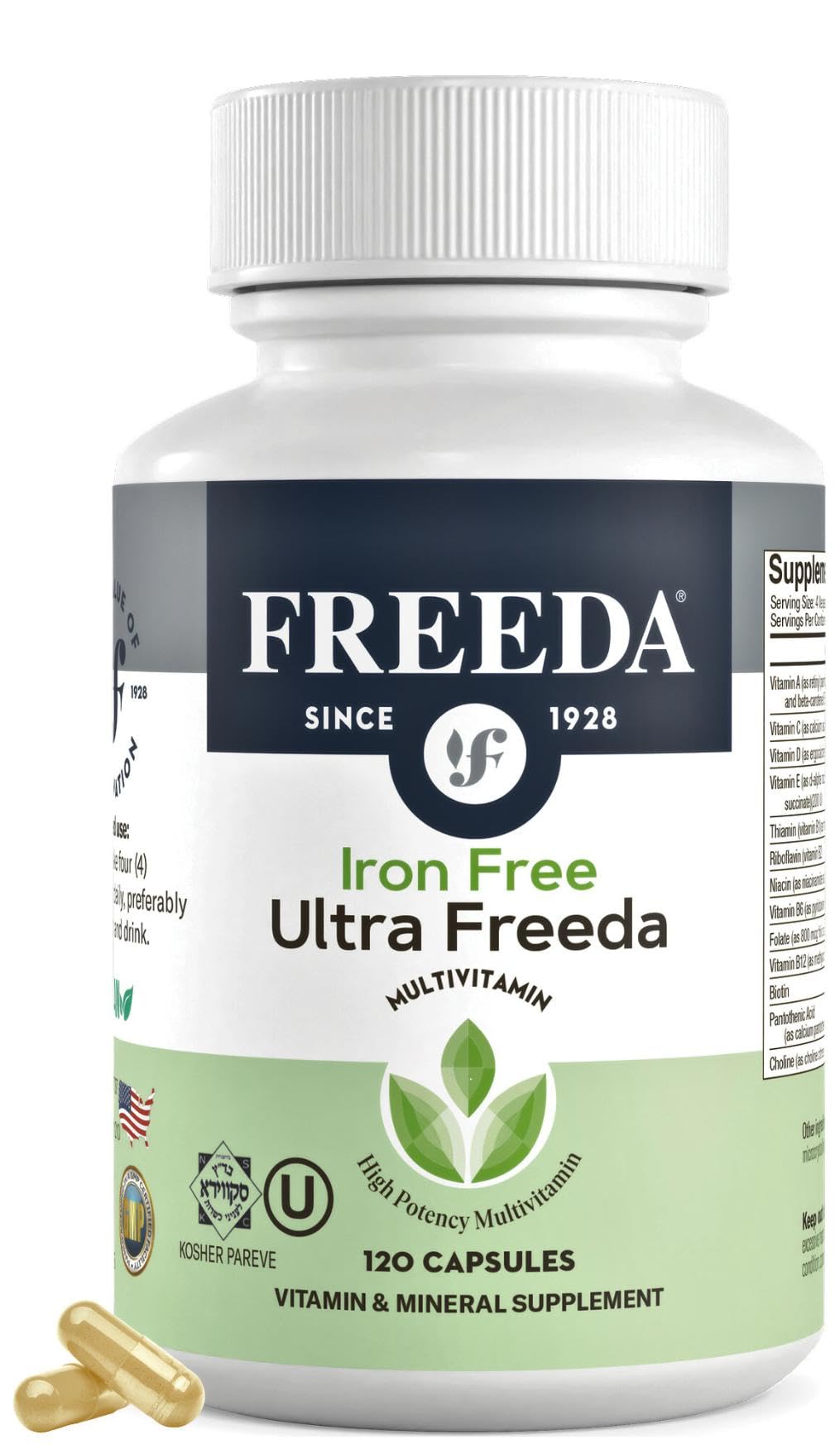 Freeda Maximum Strength Multivitamin bottle front view, iron-free, for active adults.