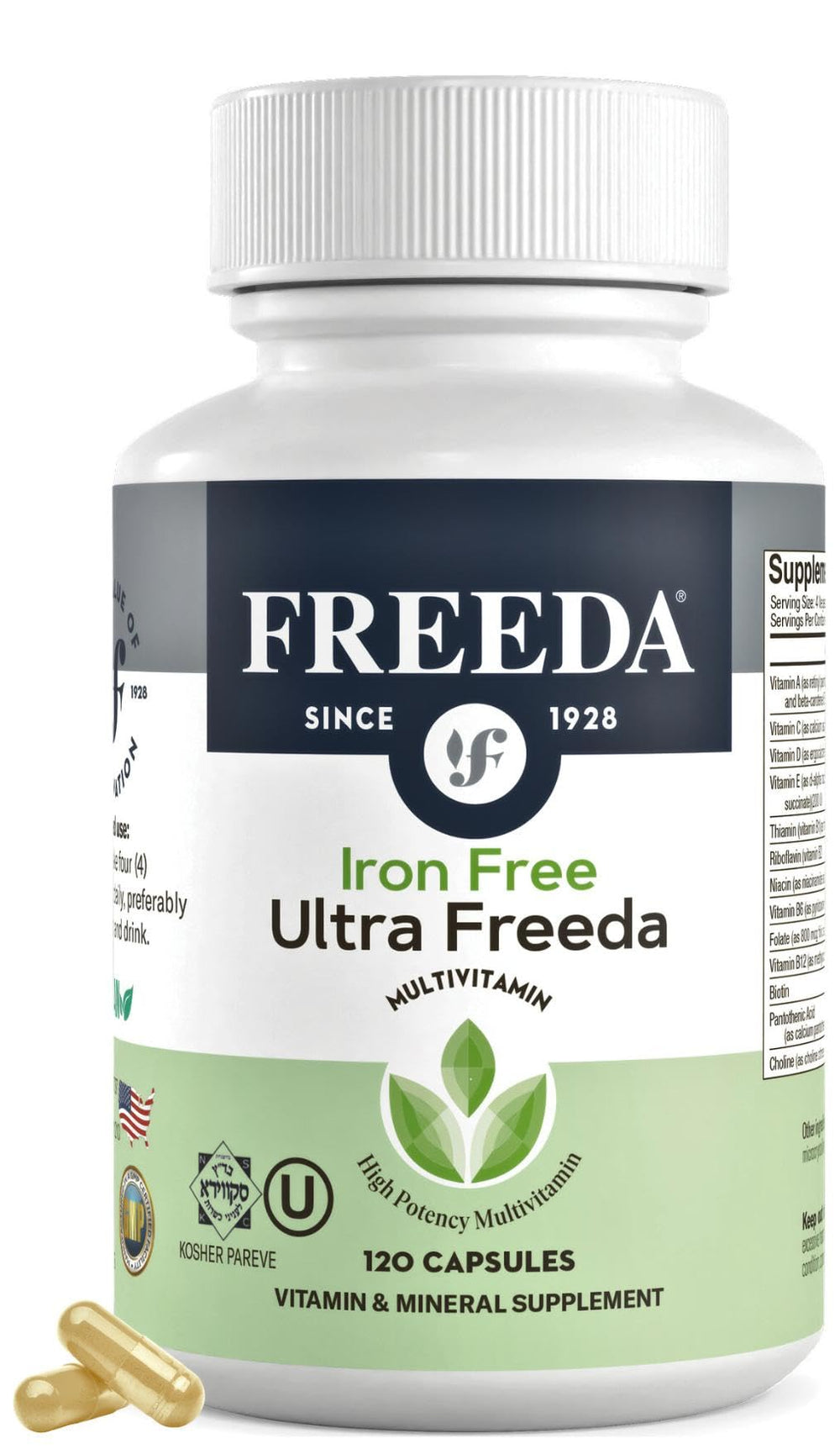 Freeda Maximum Strength Multivitamin bottle front view, iron-free, for active adults.