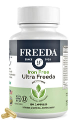 Freeda Maximum Strength Multivitamin bottle front view, iron-free, for active adults.
