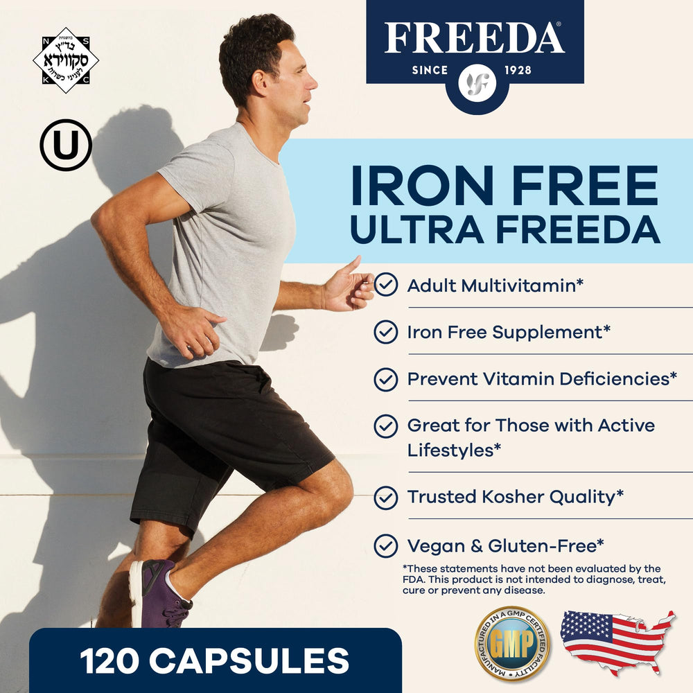 Freeda bottle label close-up showing full nutrient spectrum for daily wellness.
