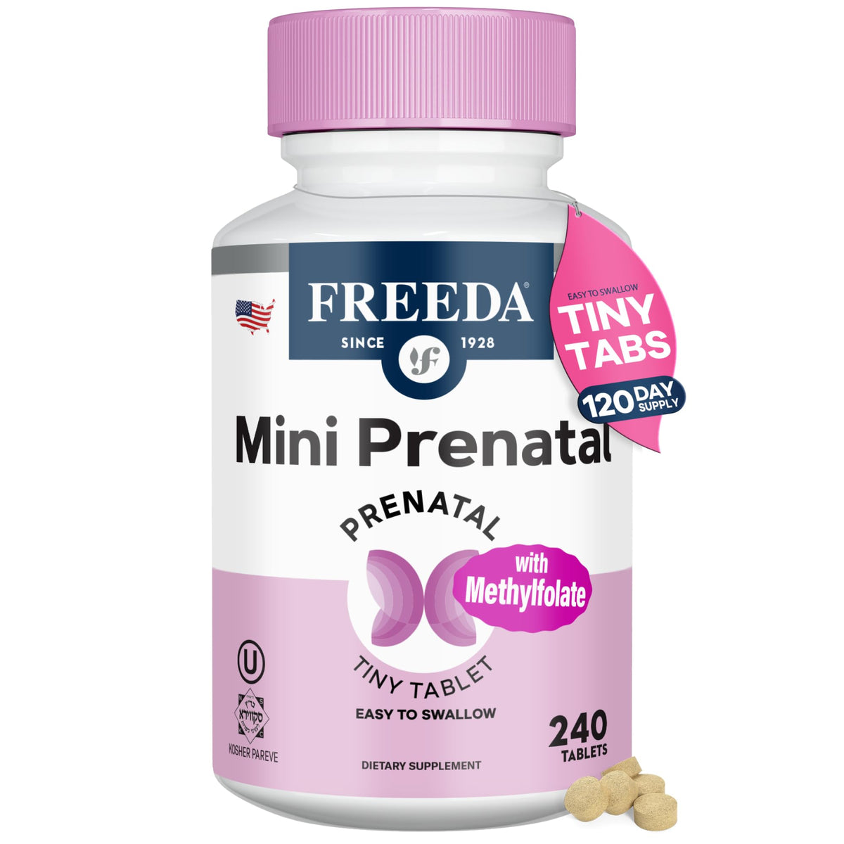 Freeda Mini Prenatal bottle closeup showing compact bottle