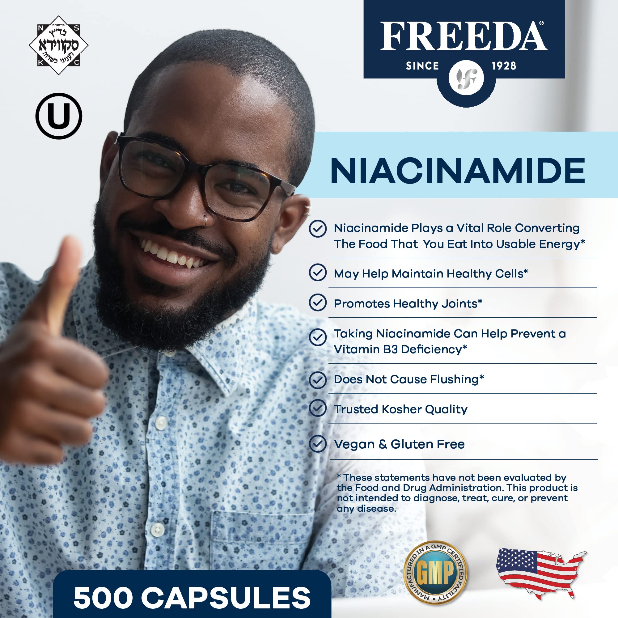 Freeda Niacinamide capsules close-up highlighting flush-free formula
