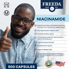 Freeda Niacinamide capsules close-up highlighting flush-free formula