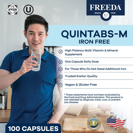 Close-up of FREEDA One Daily Multivitamin No Iron capsules for convenient daily nutrition.
