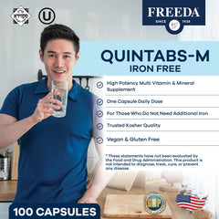 Close-up of FREEDA One Daily Multivitamin No Iron capsules for convenient daily nutrition.