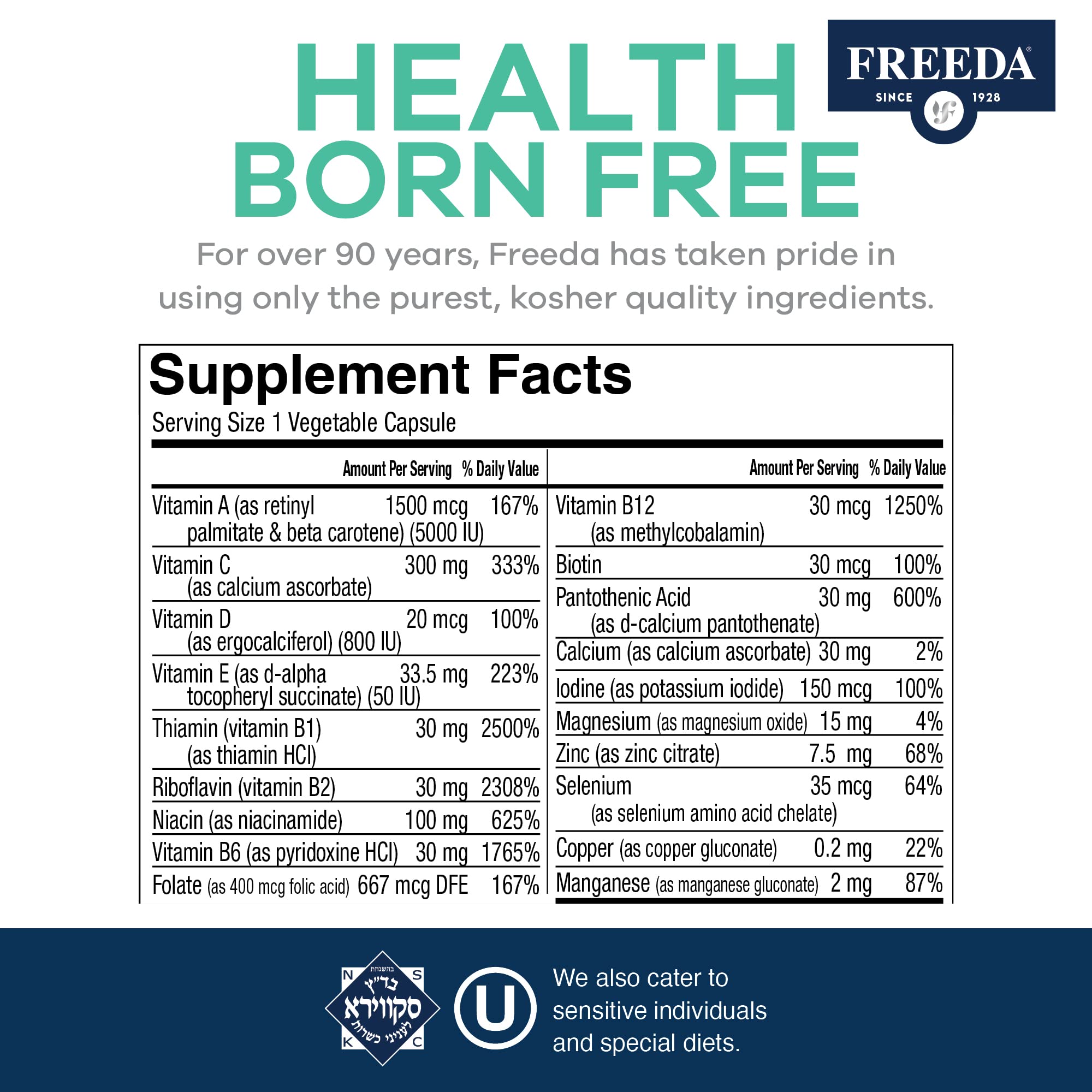 Nutrition label of FREEDA One Daily Multivitamin No Iron highlights essential vitamins and minerals.