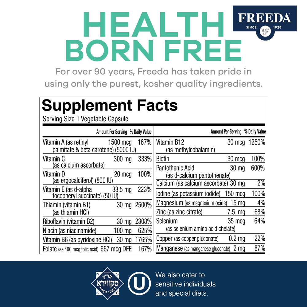Nutrition label of FREEDA One Daily Multivitamin No Iron highlights essential vitamins and minerals.