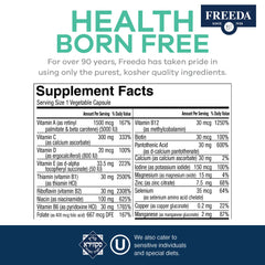 Nutrition label of FREEDA One Daily Multivitamin No Iron highlights essential vitamins and minerals.