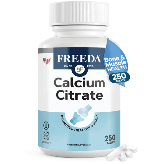 Freeda Pure Calcium Citrate 1000mg bottle, easy-to-swallow coating for daily bone support.