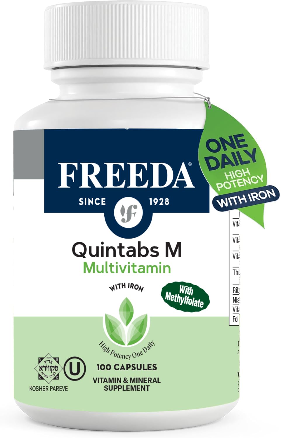 Freeda Quintabs-M with Iron bottle showing all-in-one daily vitamins for adults.