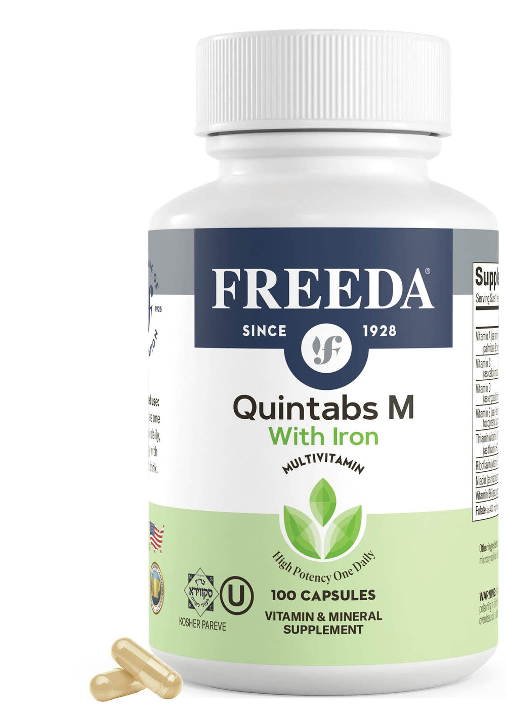 Freeda Quintabs-M with Iron USA-made production label indicating quality manufacturing.