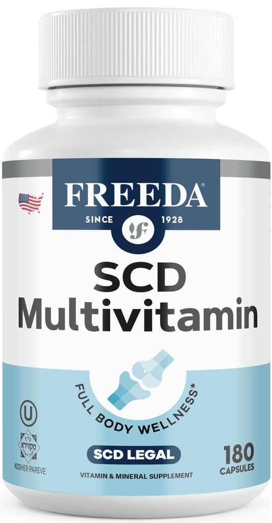 Freeda SCD Multivitamin bottle pour shows capsules for daily vegan wellness