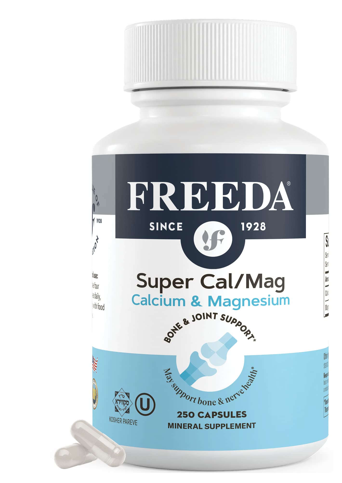 Freeda Super Cal/Mag bottle shown with a closed cap for daily bone support.