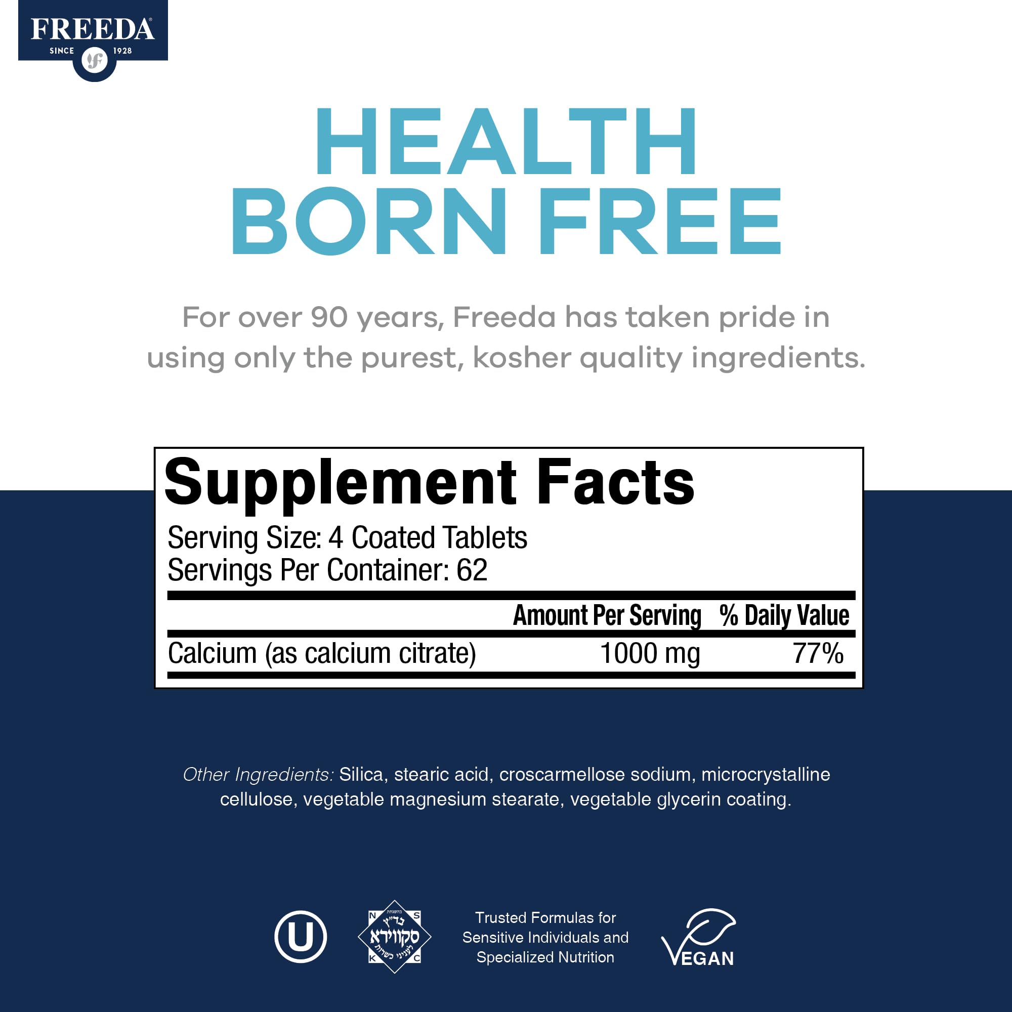 Freeda vegan calcium citrate icon shows pure supplement with no added vitamin D.