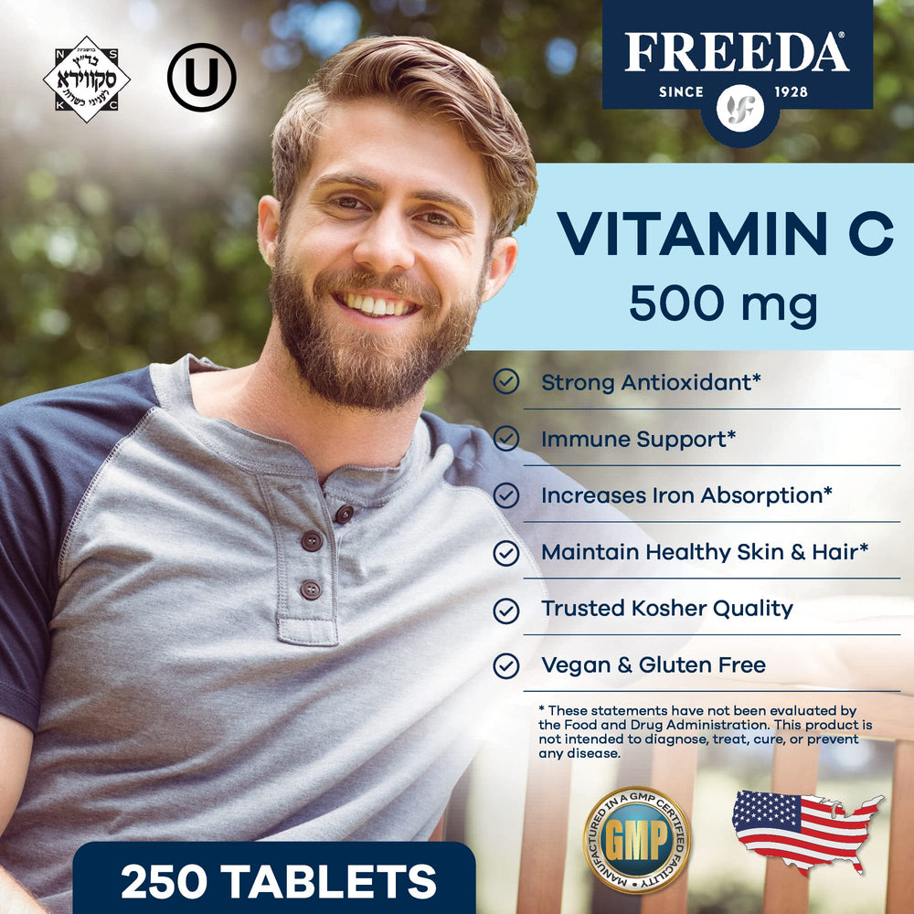 Freeda Vegan Vitamin C 500mg bottle back label showing ingredients and Kosher certification