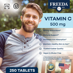 Freeda Vegan Vitamin C 500mg bottle back label showing ingredients and Kosher certification