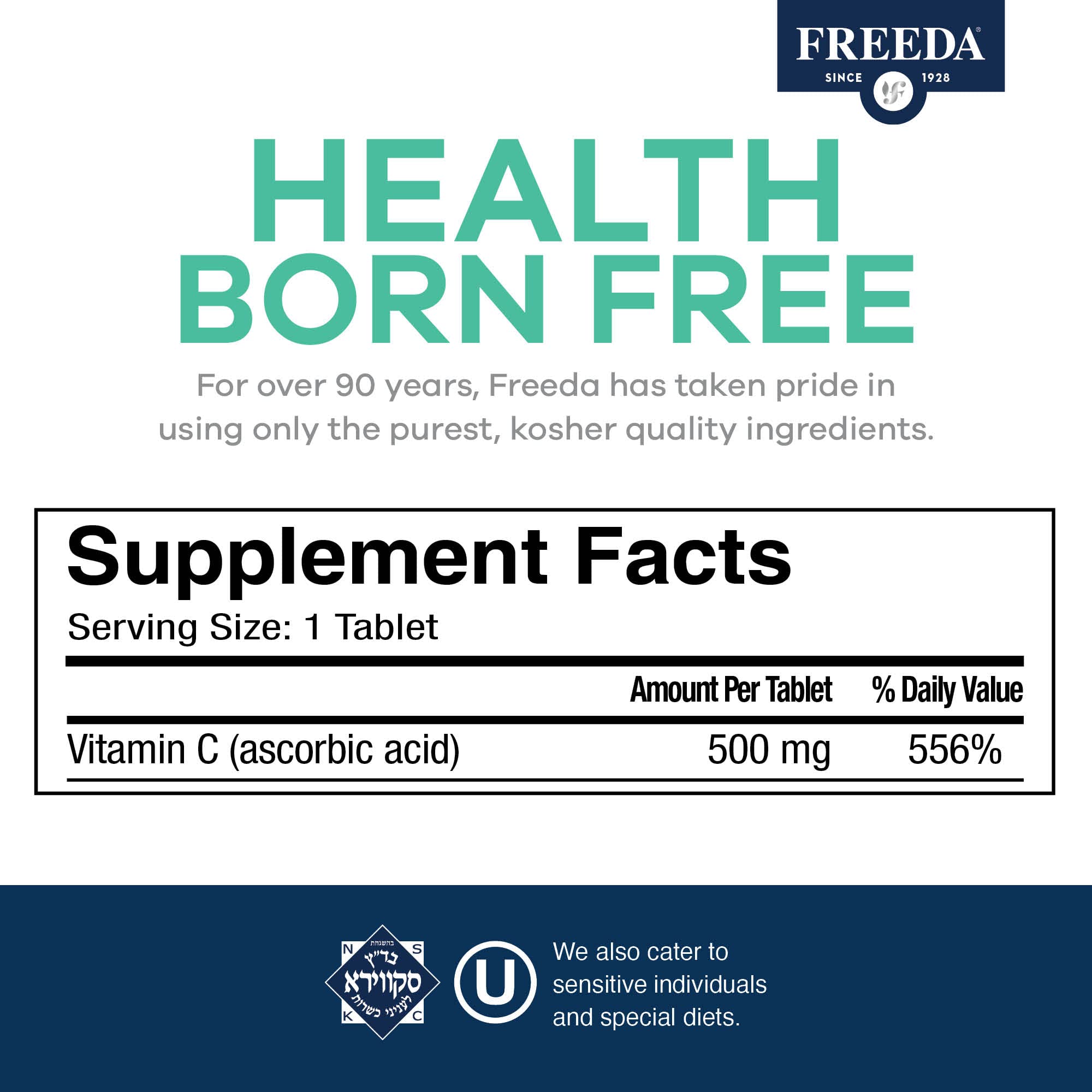 Freeda Vegan Vitamin C 500mg tablets close-up of easy-to-swallow ascorbic acid