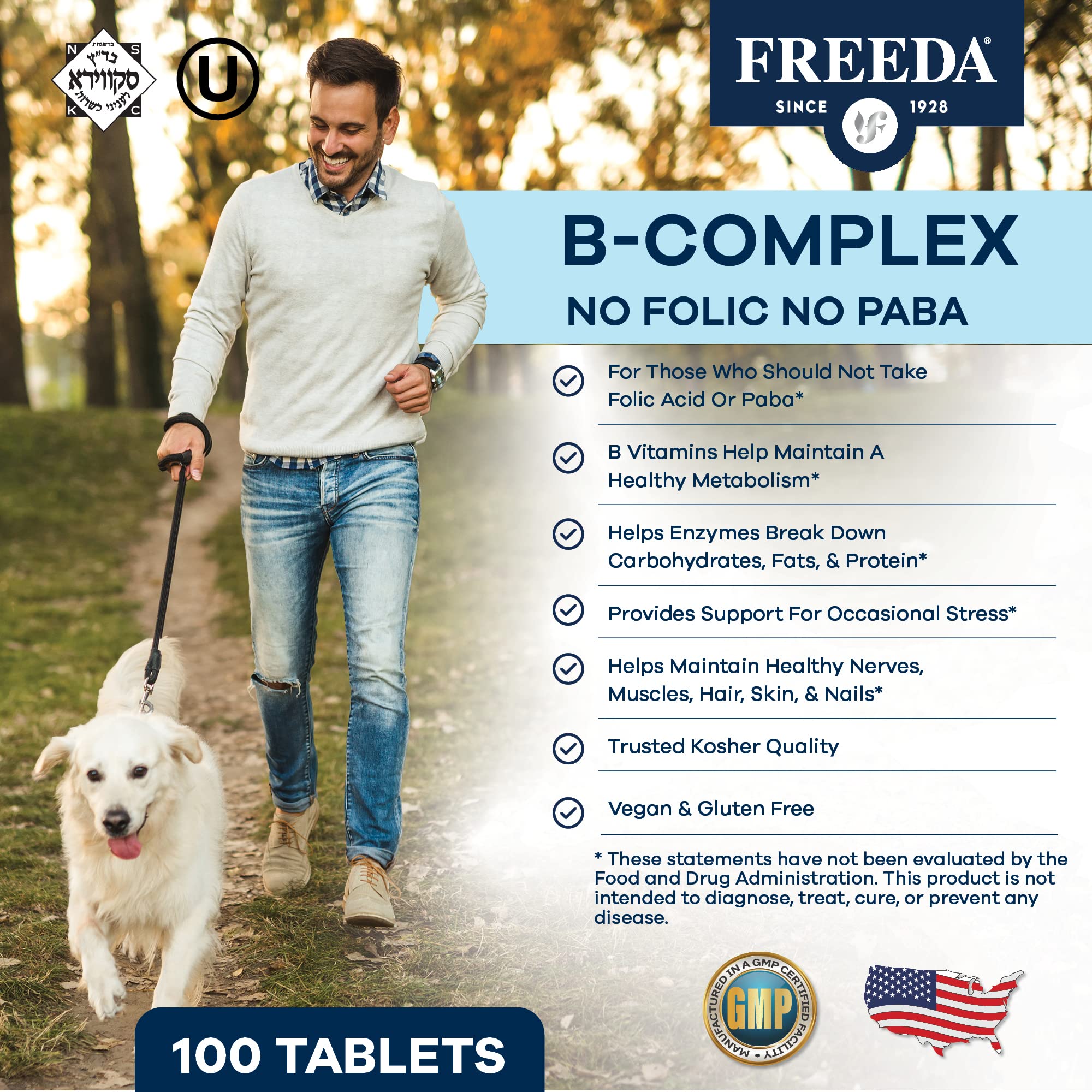 Freeda Vitamin B Complex bottle with label showing key vitamins for routine use.