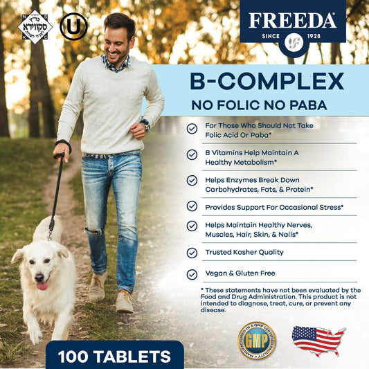 Freeda Vitamin B Complex bottle with label showing key vitamins for routine use.