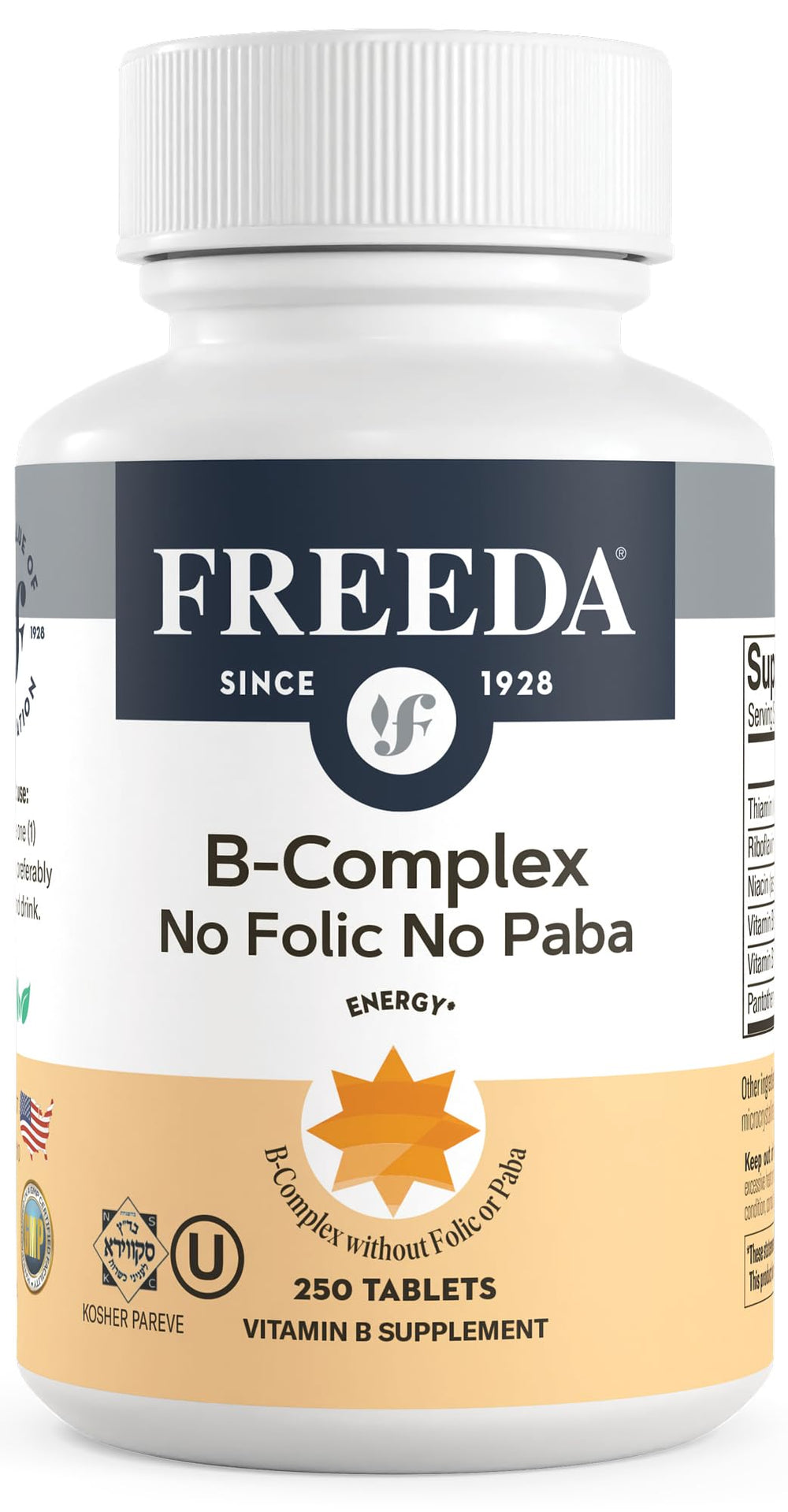 Freeda Vitamin B Complex caplets ready for daily energy metabolism support.