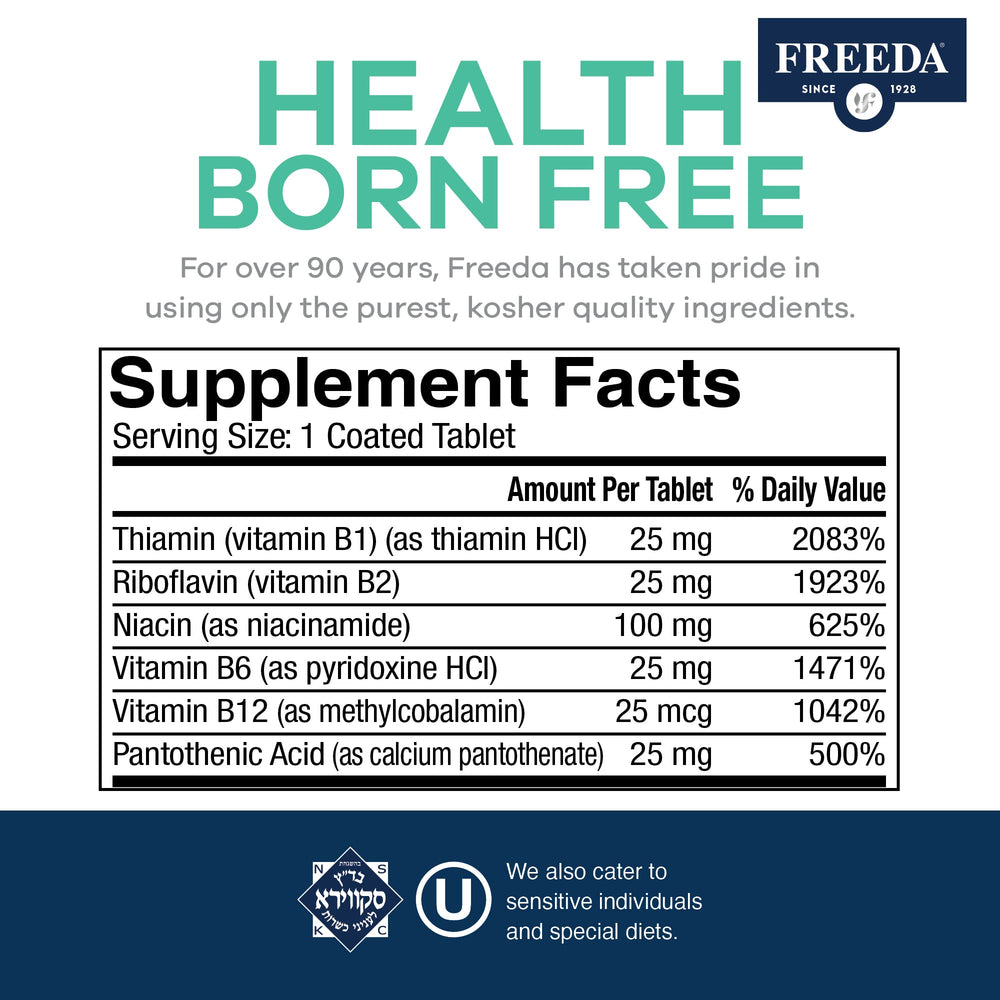 Freeda Vitamin B Complex ingredients panel highlights essential B vitamins.