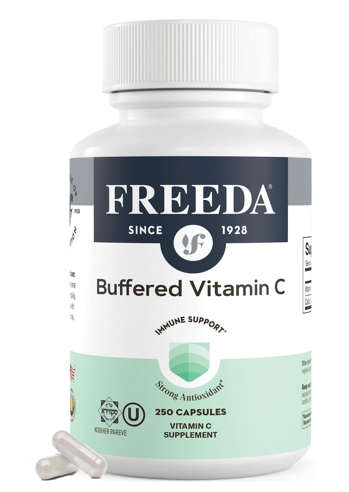 Freeda Vitamin C buffered 500mg capsules in bottle, supports daily immune health.