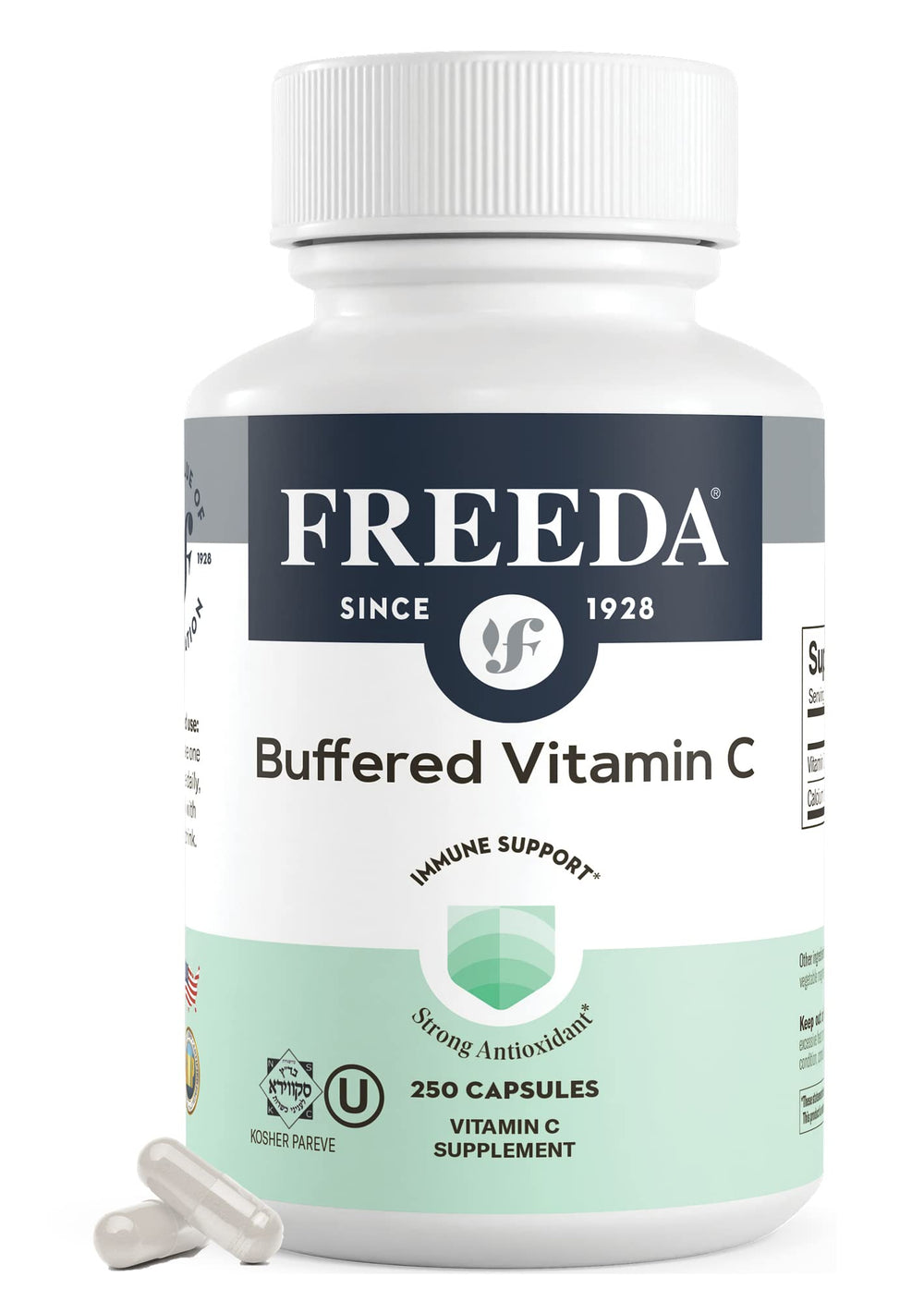 Freeda Vitamin C buffered 500mg capsules in bottle, supports daily immune health.