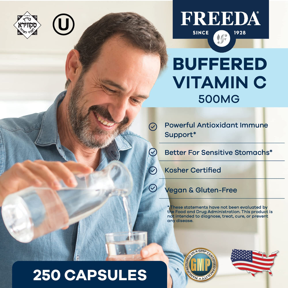 Freeda Vitamin C capsules close-up highlighting the soft texture and gentle digestion.