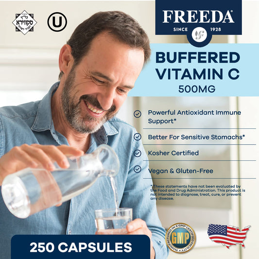 Freeda Vitamin C capsules close-up highlighting the soft texture and gentle digestion.