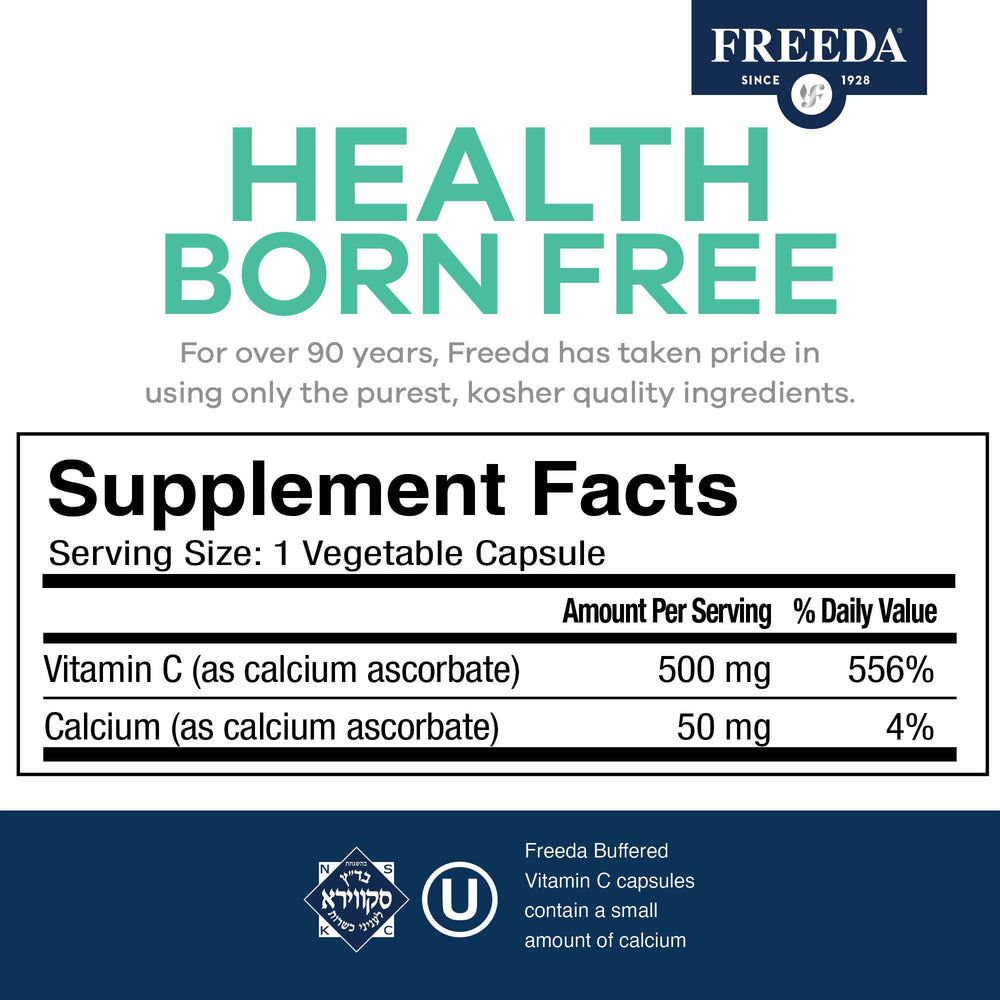 Freeda Vitamin C buffered capsules in bottle, supports immunity and gentle digestion.