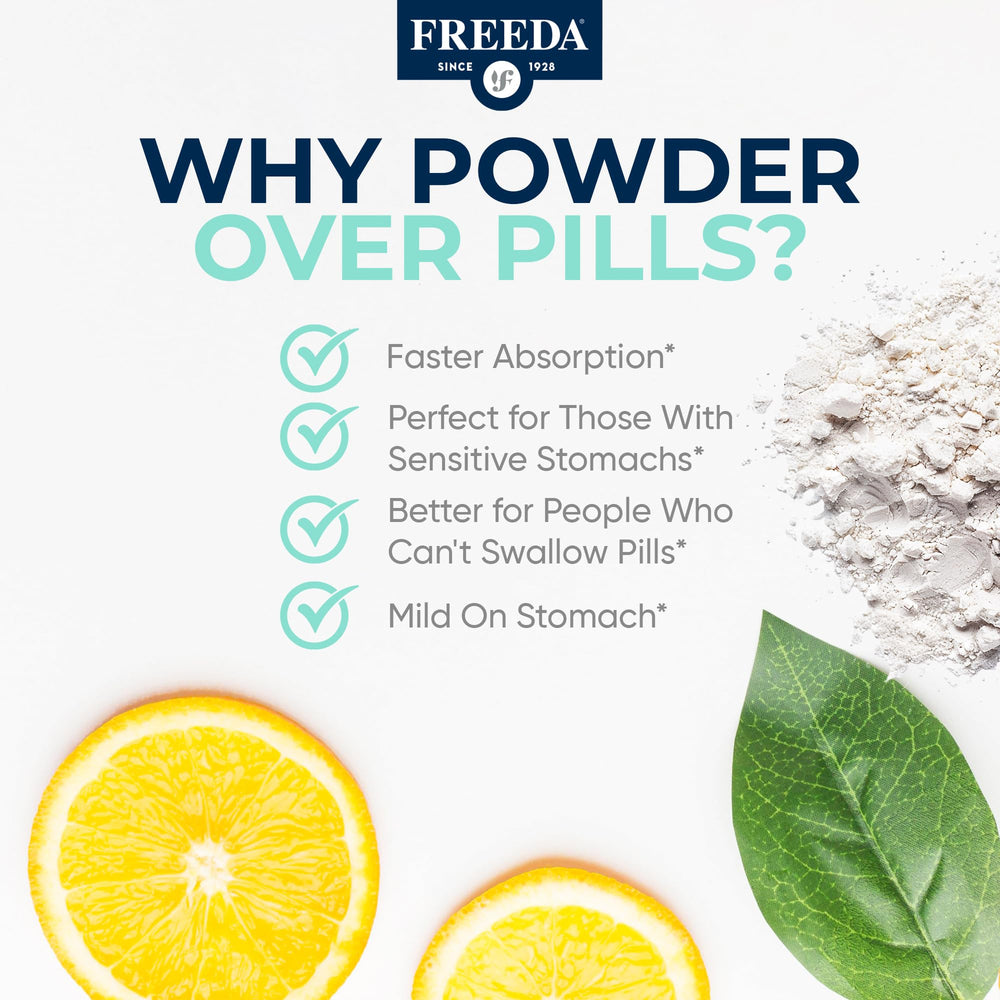 Freeda Vitamin C Powder dissolving in water for quick mixing.