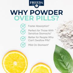 Freeda Vitamin C Powder dissolving in water for quick mixing.