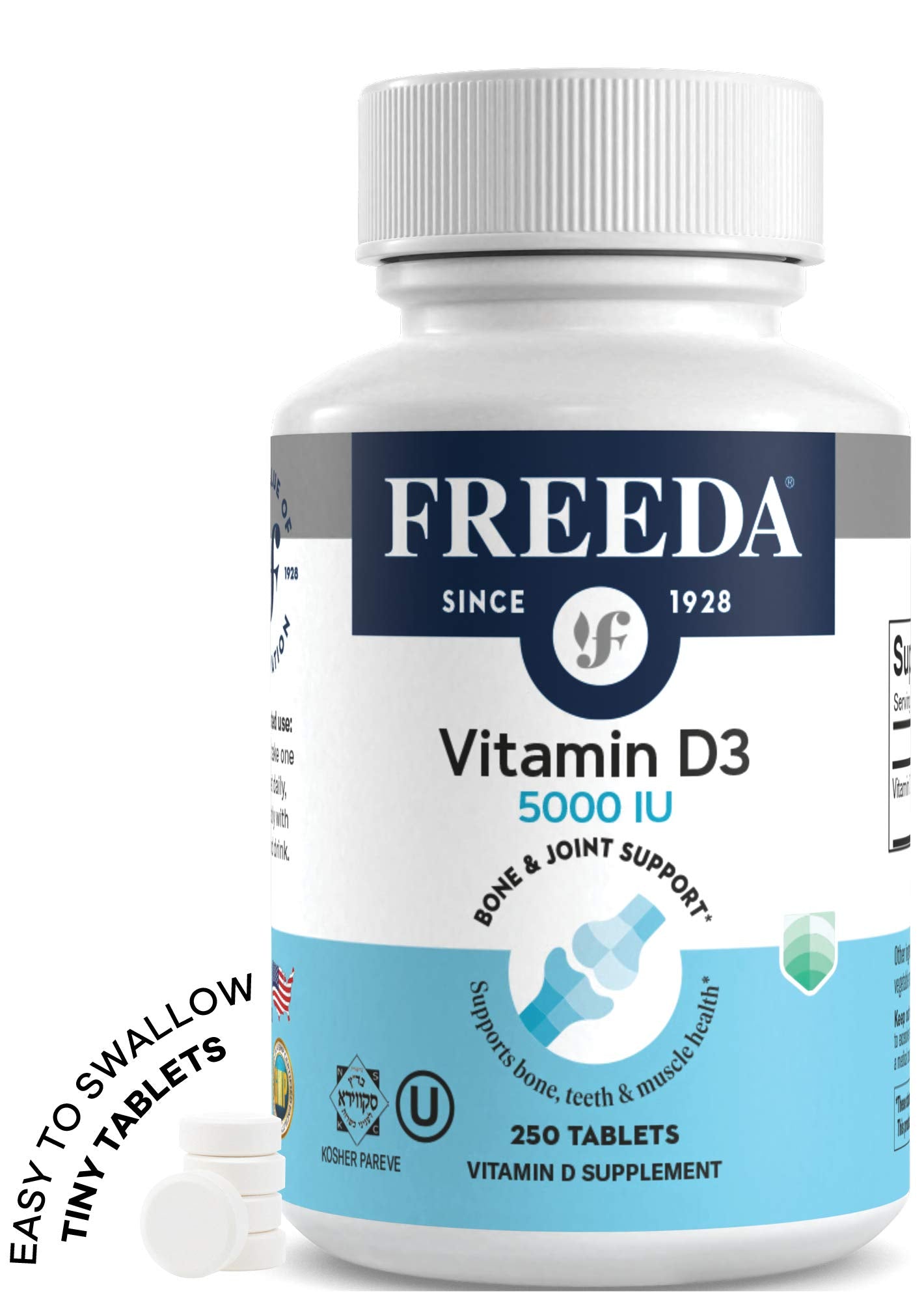 Freeda Vitamin D3-5000 IU label closeup highlighting kosher certification